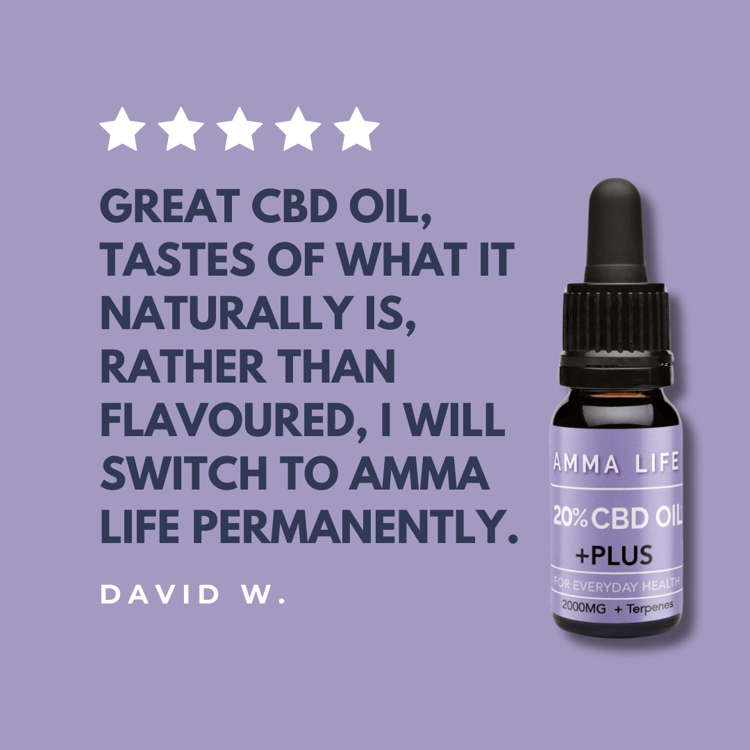 Customer review of Amma Life 20% CBD oil, showcasing its potency, high quality, and benefits for advanced wellness support.