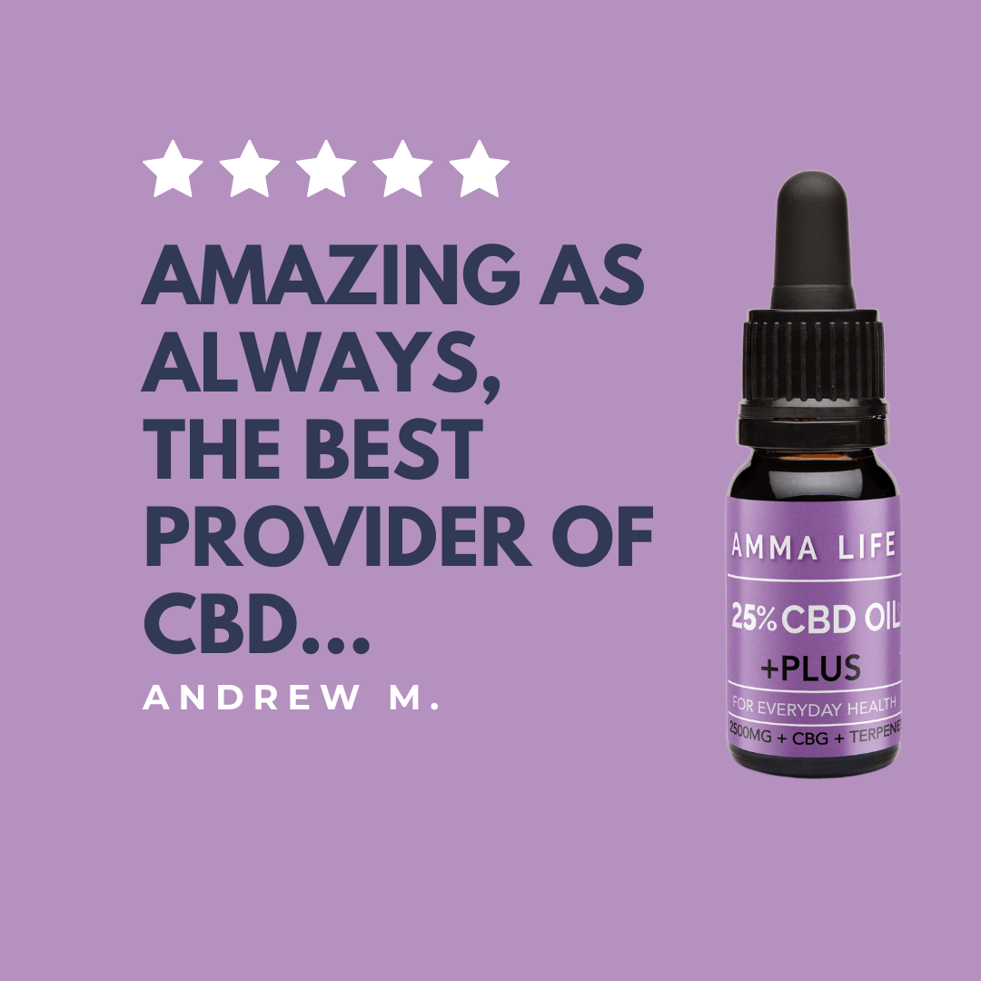 Amma Life customer review highlighting testimonials for premium CBD products, emphasising quality and customer satisfaction. This 5 star review states the 2500mg CBD oil is 'Amazing as always, the best provider of CBD' by Andrew M.