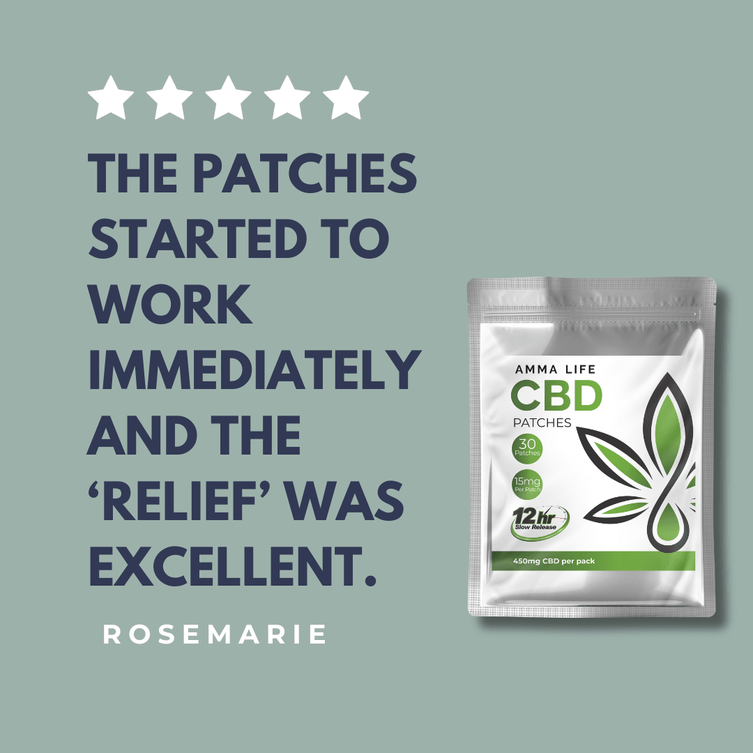 Customer review of Amma Life 450mg CBD patches, showcasing positive feedback on effectiveness and convenience for wellness support
