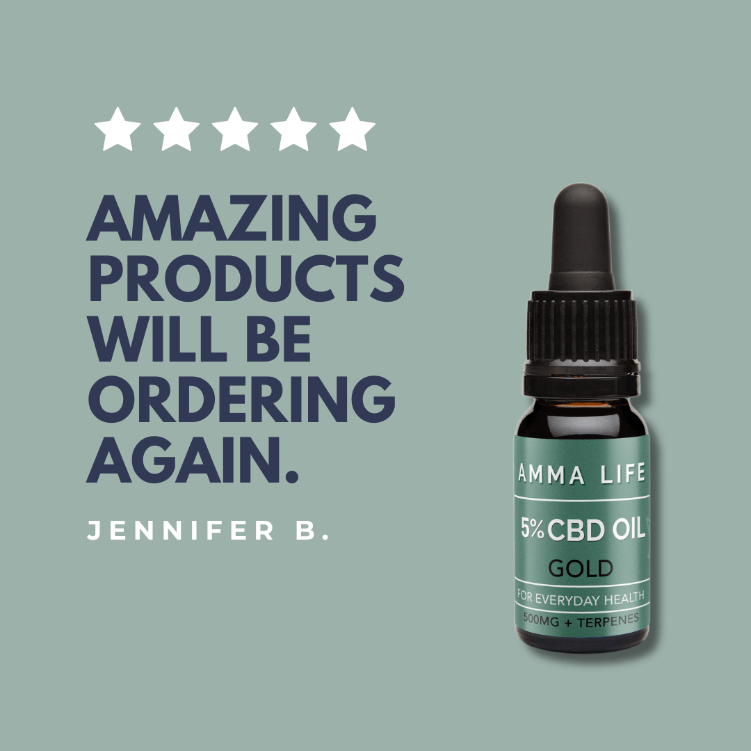 Amma Life customer review showcasing five-star testimonials, emphasising quality, trust, and satisfaction with CBD oils.