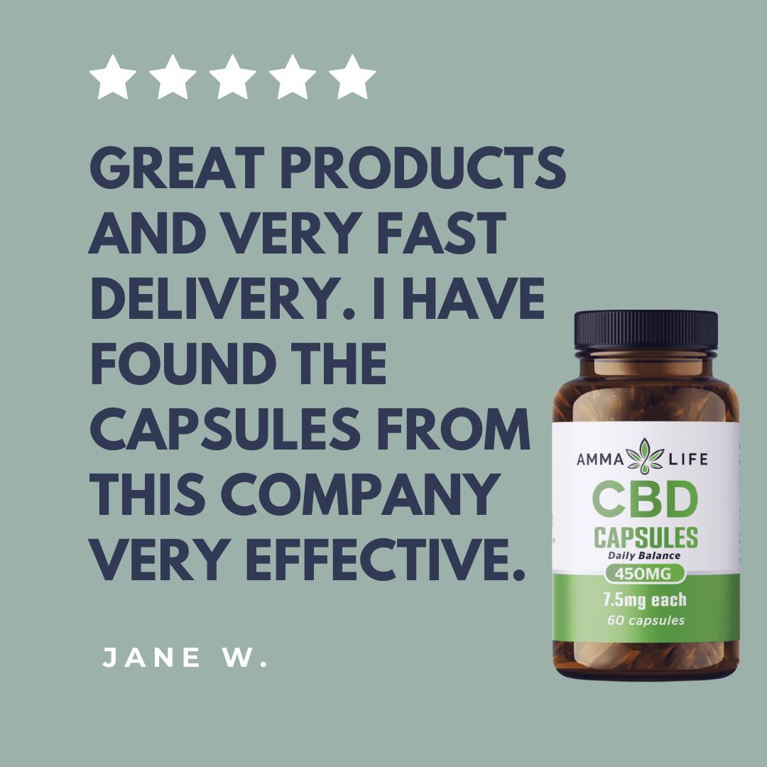 Amma Life customer review for 450mg CBD capsules, praising their quality, convenience, and support for daily wellness.
