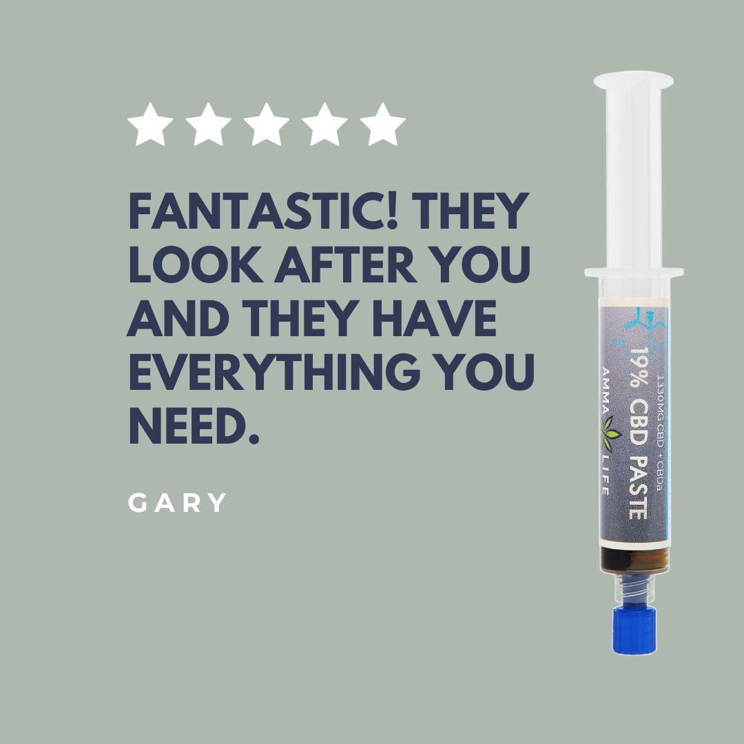 Customer review of Amma Life 20% CBD paste, highlighting its effectiveness, ease of use, and support for enhanced wellness