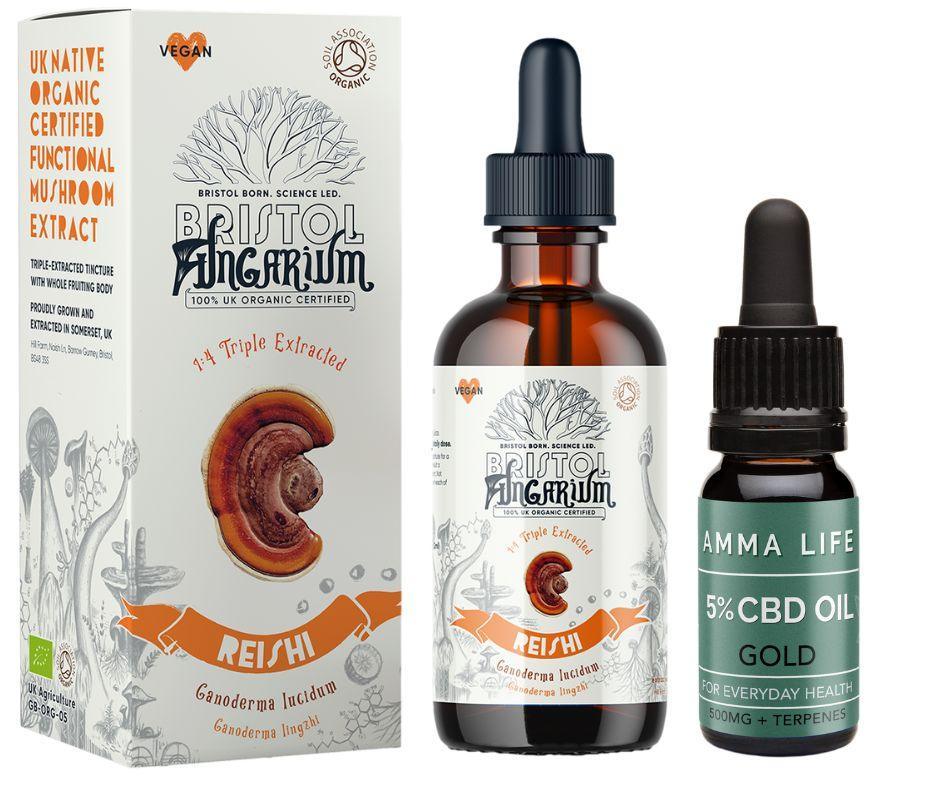 Bristol Fungarium partner with Amma Life CBD (Bristol) to offer this cost-saving bundle of Organic Reishi Mushroom tincture and 5% CBD Oil.