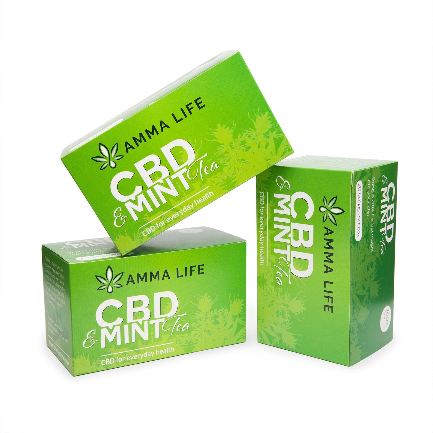 CBD & Peppermint Tea. The finest herbs are selected to go into every box of Amma Life CBD tea. The hemp is grown by specialist farmers in Europe. Our tea offers a delicate floral flavour.
Amma Life CBD tea is a natural, herbal tea that works by steeping the herbs in boiled water to activate the properties of the plant. Drinking CBD & Mint tea is a relaxing, healthy way to take in cannabinoids and the benefits of peppermint leaves.