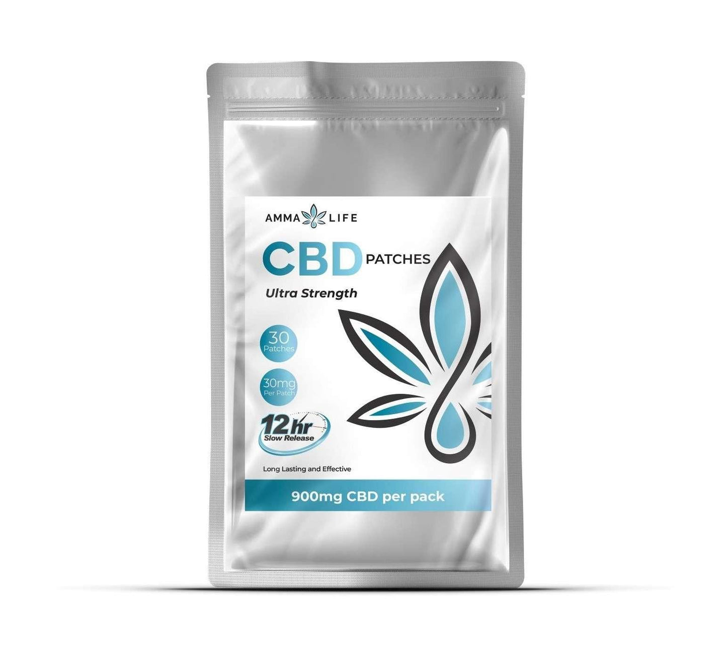 CBD PATCHES front view. Amma Life 900mg Ultra Strength CBD Patches. 30mg per patch, can be used day or night.