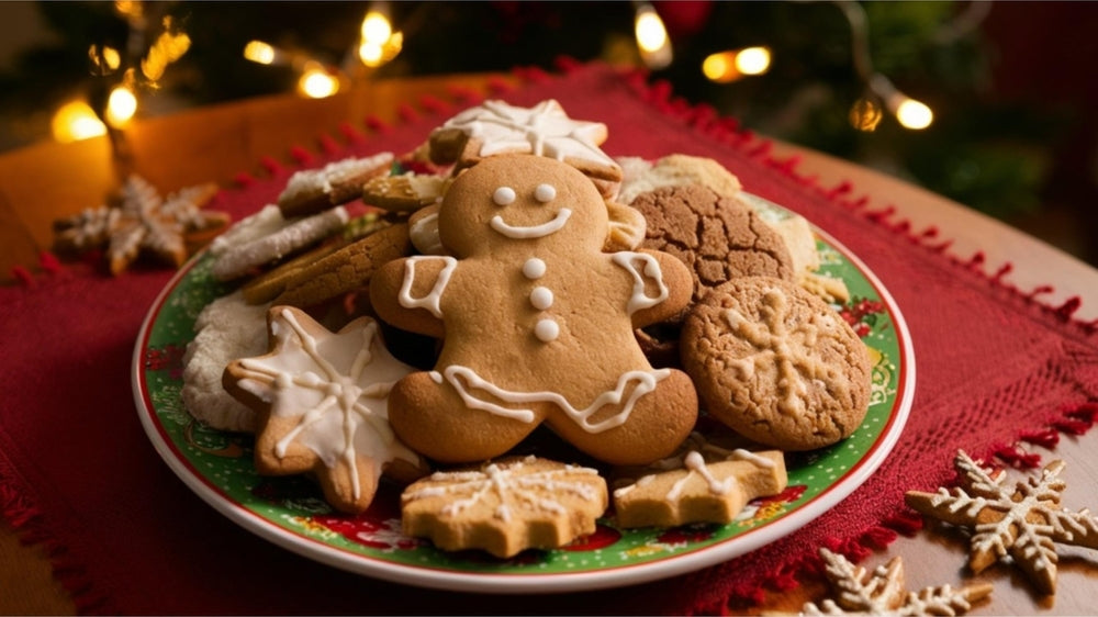 Bowl of delicious gingerbread biscuits on a plate