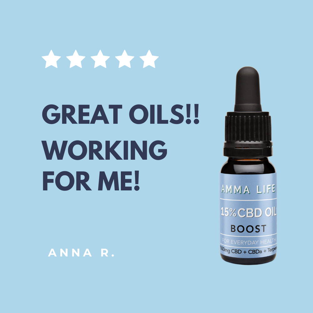 Customer review of Amma Life 15% CBD oil, highlighting its effectiveness, quality, and benefits for overall wellness.