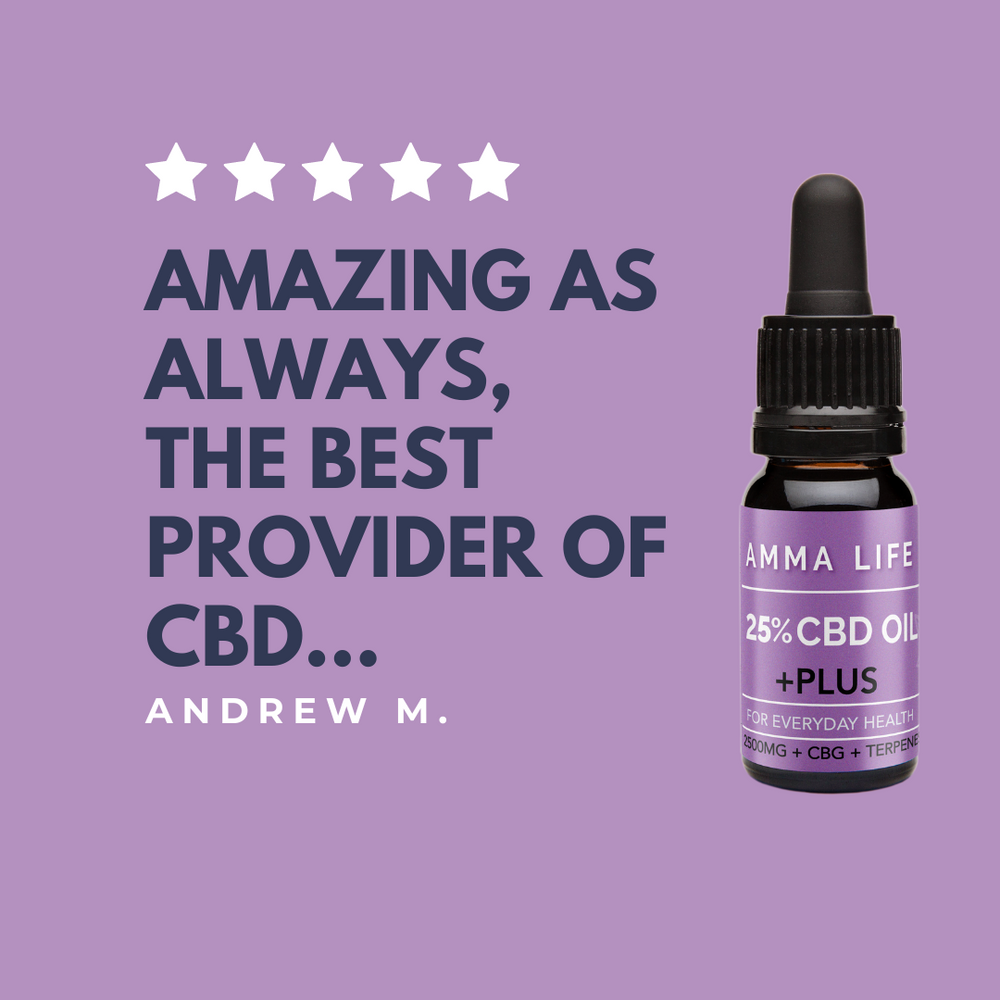 Amma Life customer review highlighting testimonials for premium CBD products, emphasising quality and customer satisfaction. This 5 star review states the 2500mg CBD oil is 'Amazing as always, the best provider of CBD' by Andrew M.
