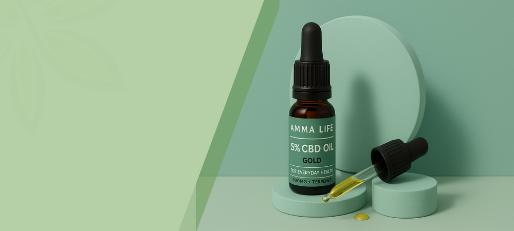 Amma Life CBD Oil bottle with dropper on a green background