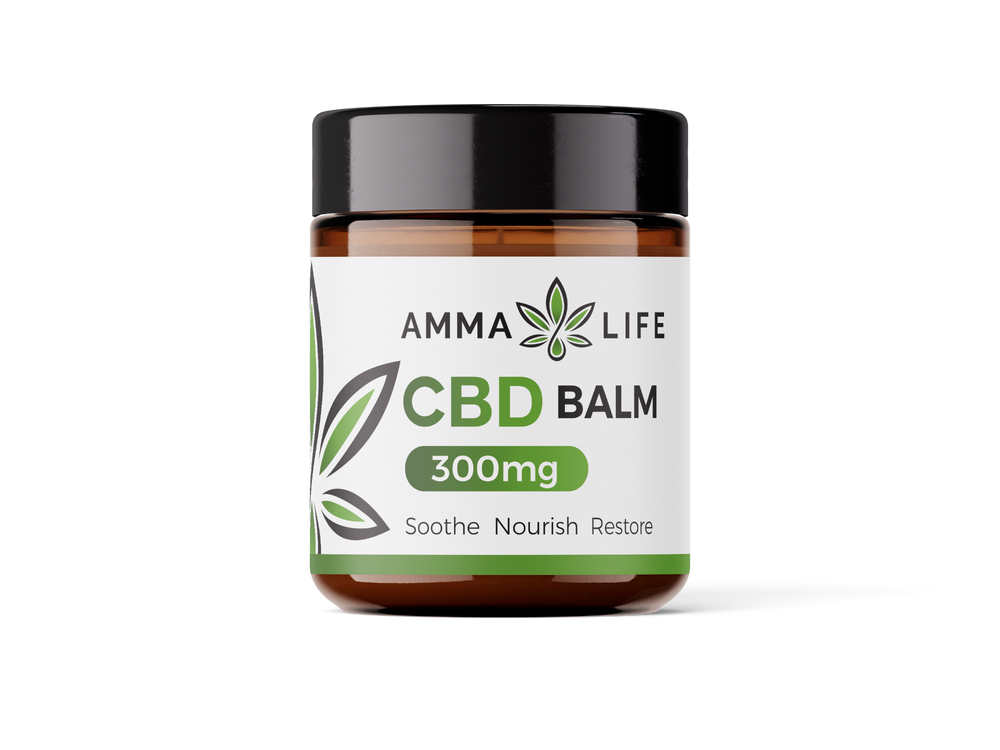 
                  
                    Amma Life CBD Balm jar with label on a white background and soft shadow
                  
                