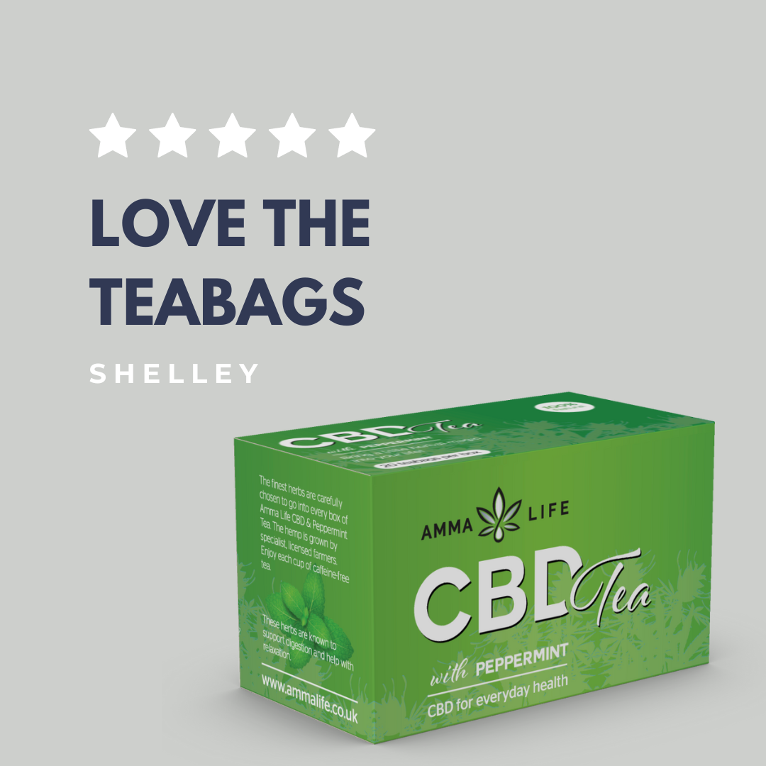 Amma Life customer 5 star review  highlighting eco-friendly branding and positive feedback on CBD & Peppermint Teas 'Love the teabags'.