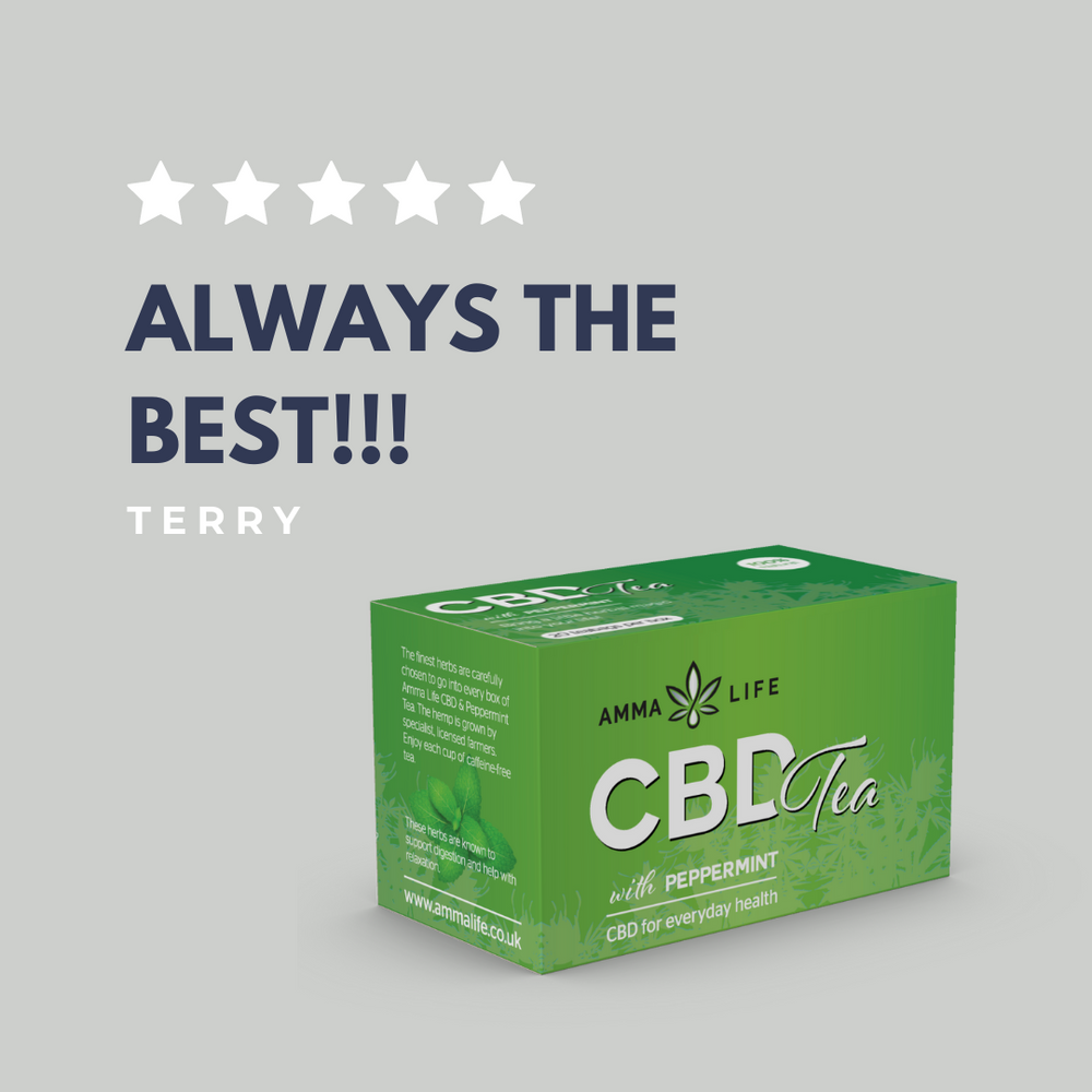 Amma Life customer review  showcasing testimonials on CBD & Mint Teas, emphasising quality, trust, and wellness benefits. 'Always the Best!!'