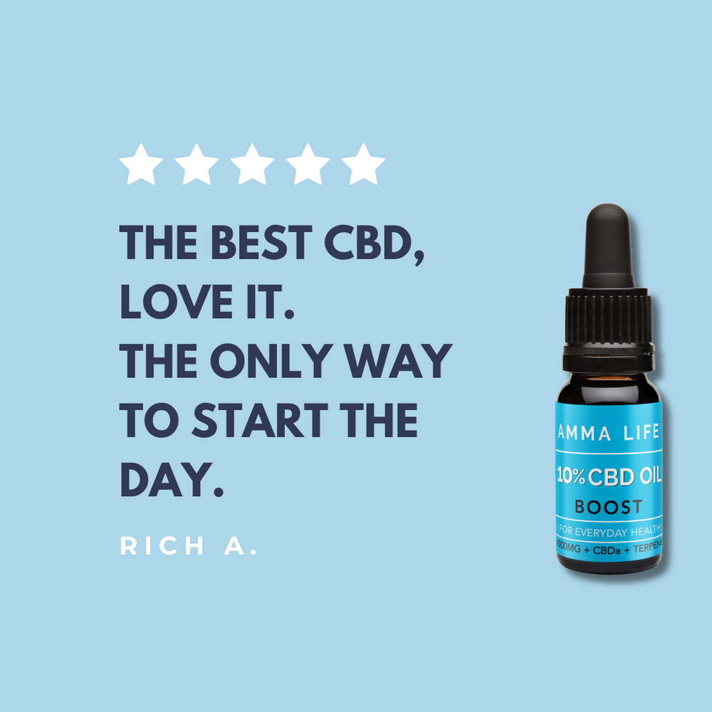 
                  
                    Amma Life customer review showcasing positive feedback on CBD oils, highlighting quality, effectiveness, and customer satisfaction. 'The best CBD, love it. The only way to start the day.'
                  
                