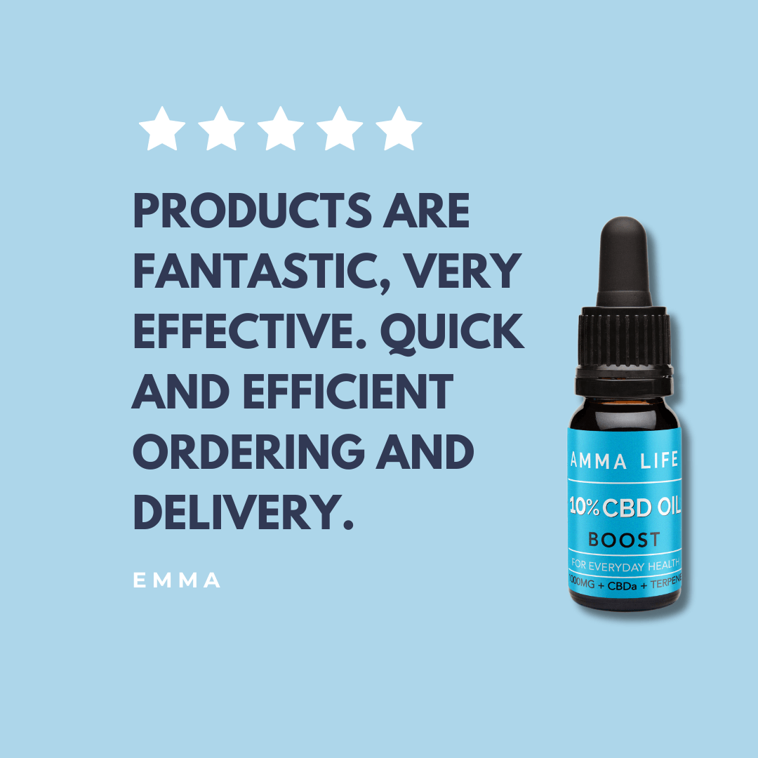 
                  
                    Amma Life customer review featuring testimonials about the effectiveness and quality of 1000mg CBD Oils, promoting trust and satisfaction. 'Products are fantastic, very effective. Quick and efficient ordering and delivery.'
                  
                