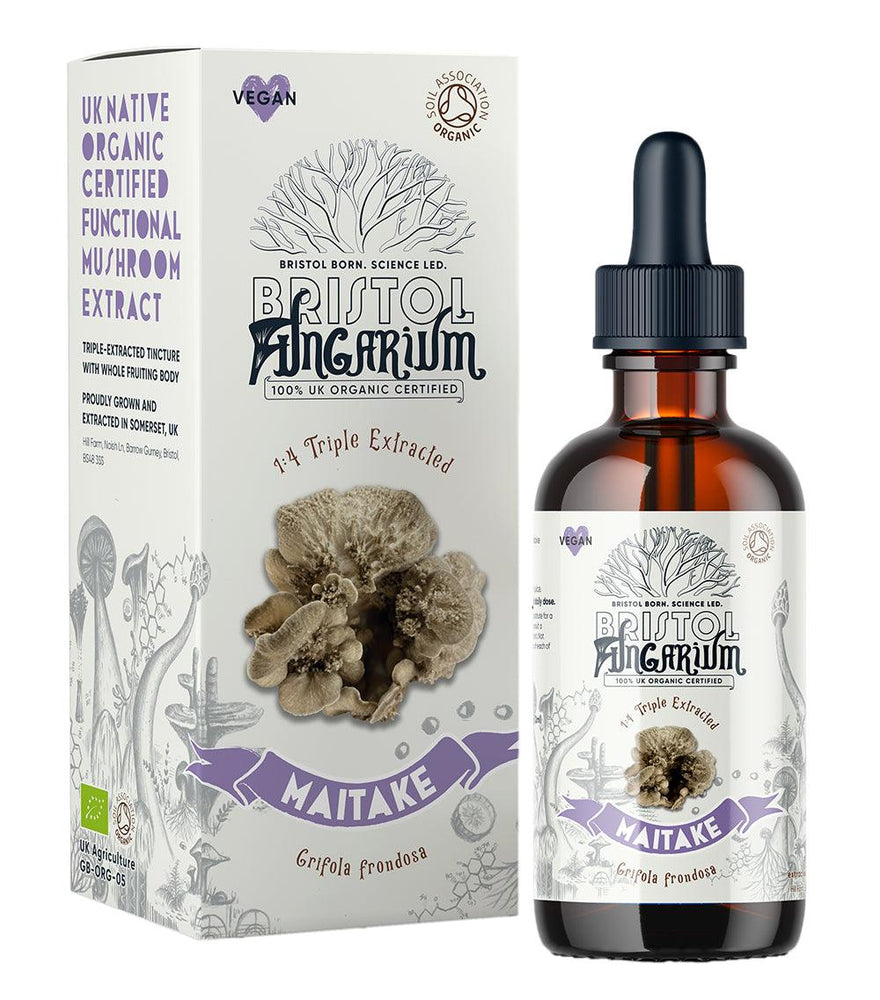 Bristol Fungarium organic Maitake with its outer white box, sold by its partner Amma Life. Triple extracted, organic certified functional mushroom extract known for its many health benefits. White background photo.