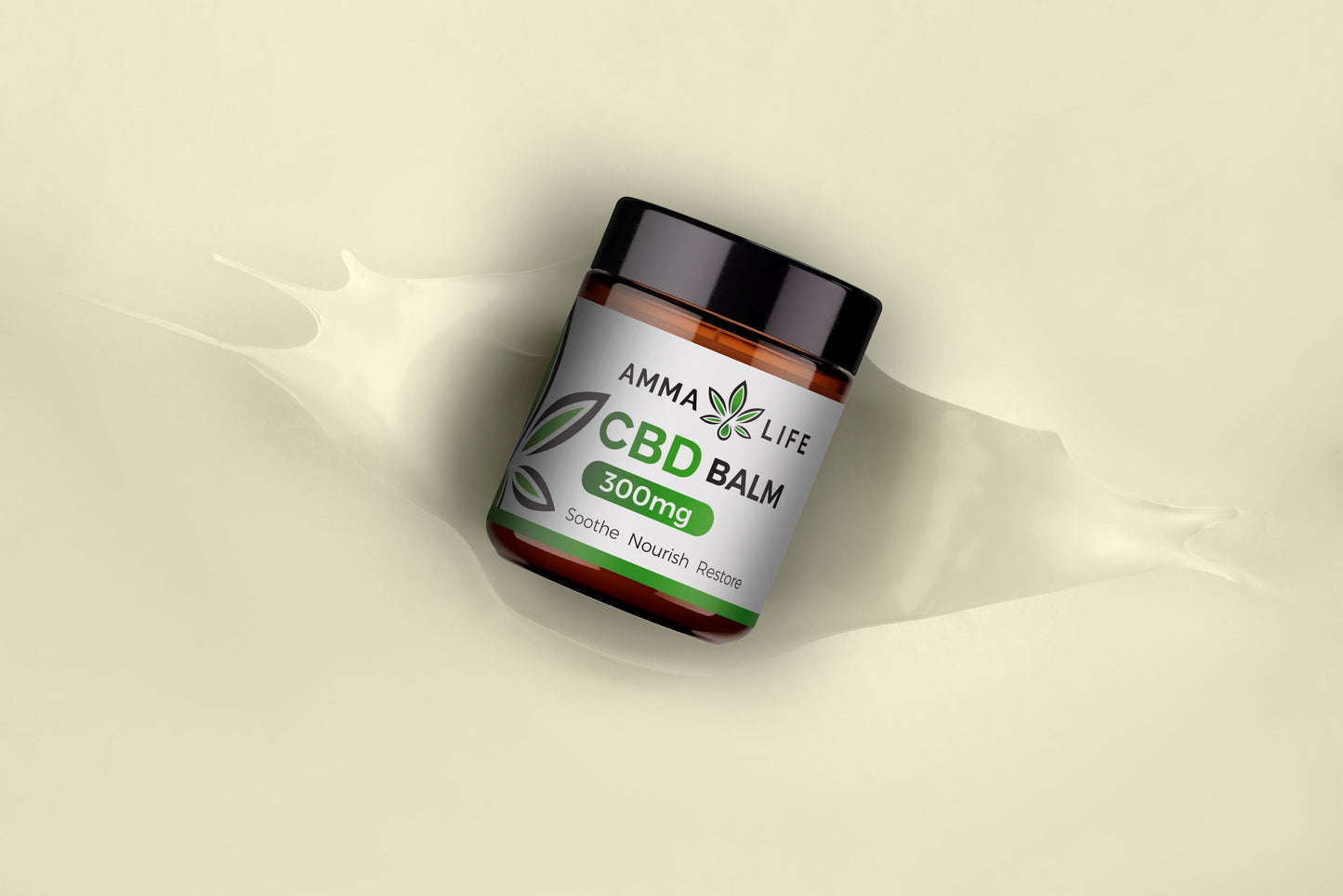 CBD balm jar by Amma Life on a beige splash effect background