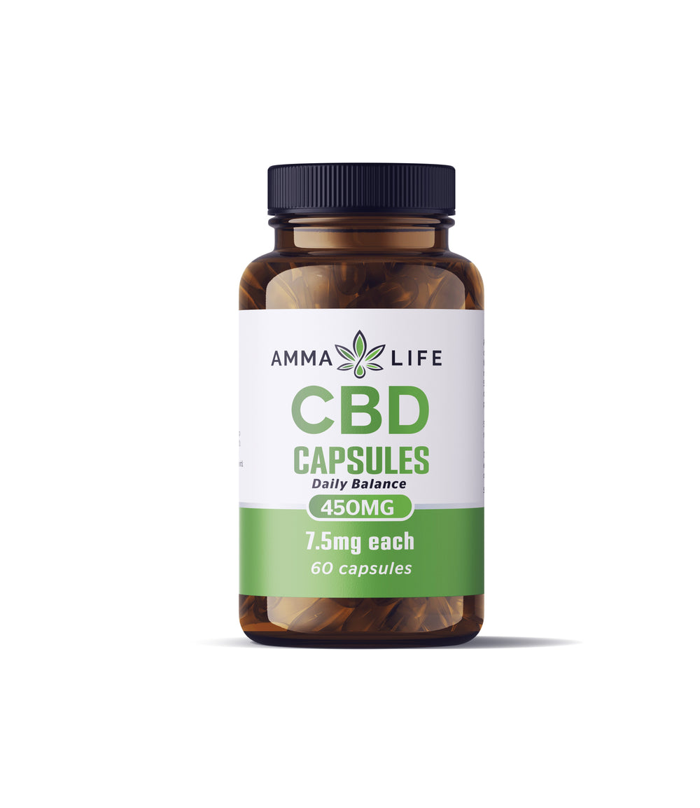 Amma Life 450mg CBD Capsules, 60 capsules per bottle. Displaying a bottle with green and white label, on a white background. CBD is known to support health and wellness when supplements are taken daily.