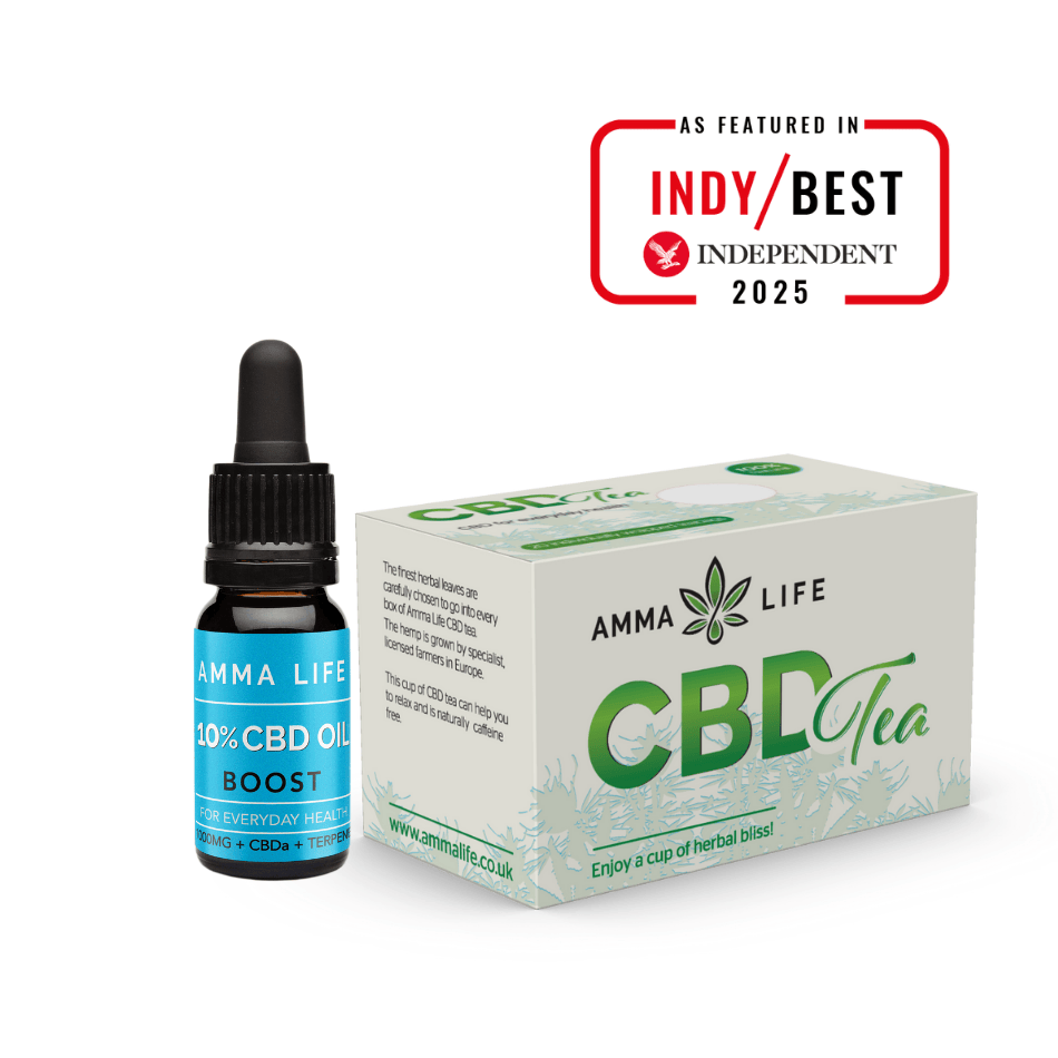 CBD Sleep Bundle includes Amma Life award-winning 10% CBD oil and CBD Tea on a white background with Indy Best Independent 2025 award.