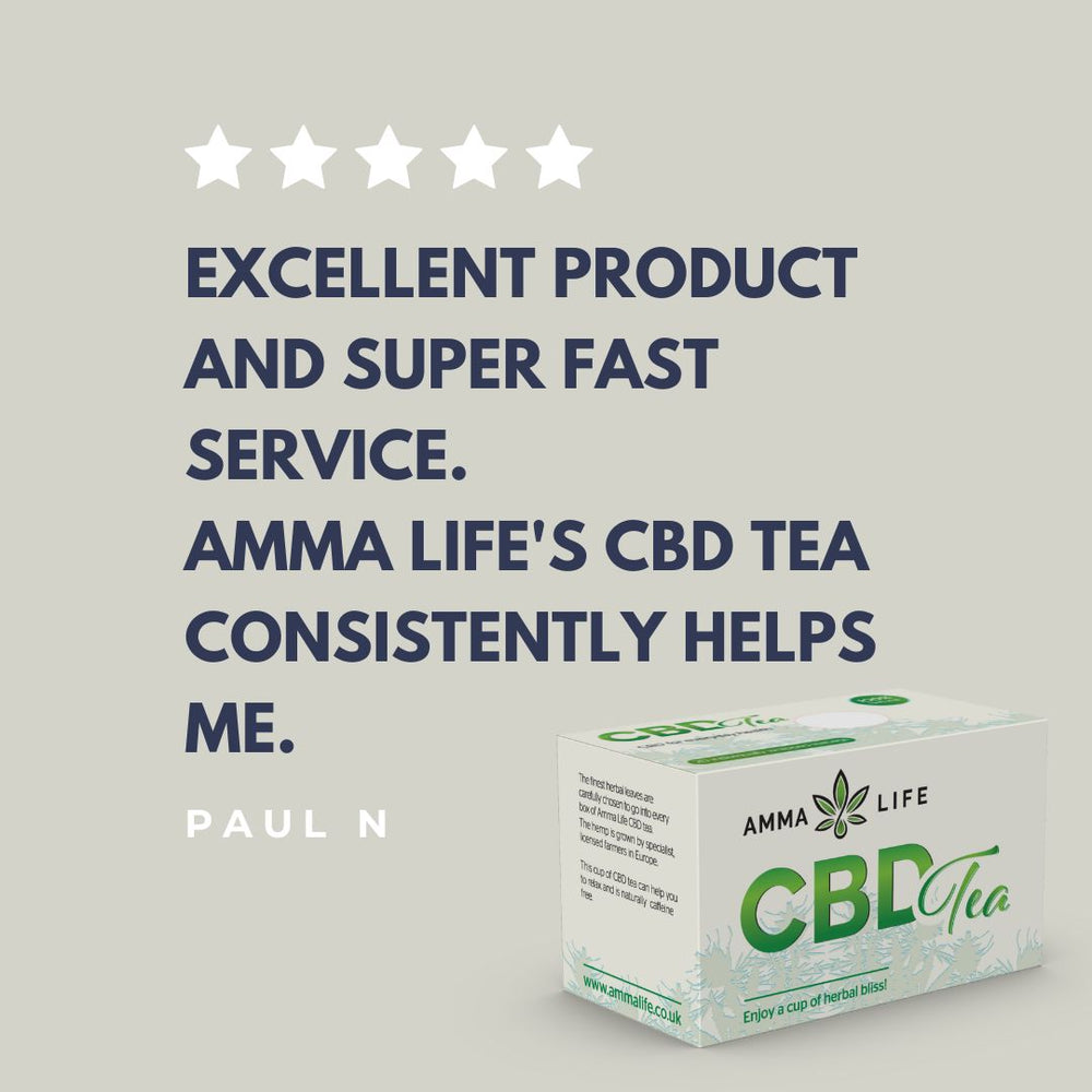 Customer review of Amma Life herbal tea, highlighting its rich flavour, calming properties, and contribution to overall wellbeing.