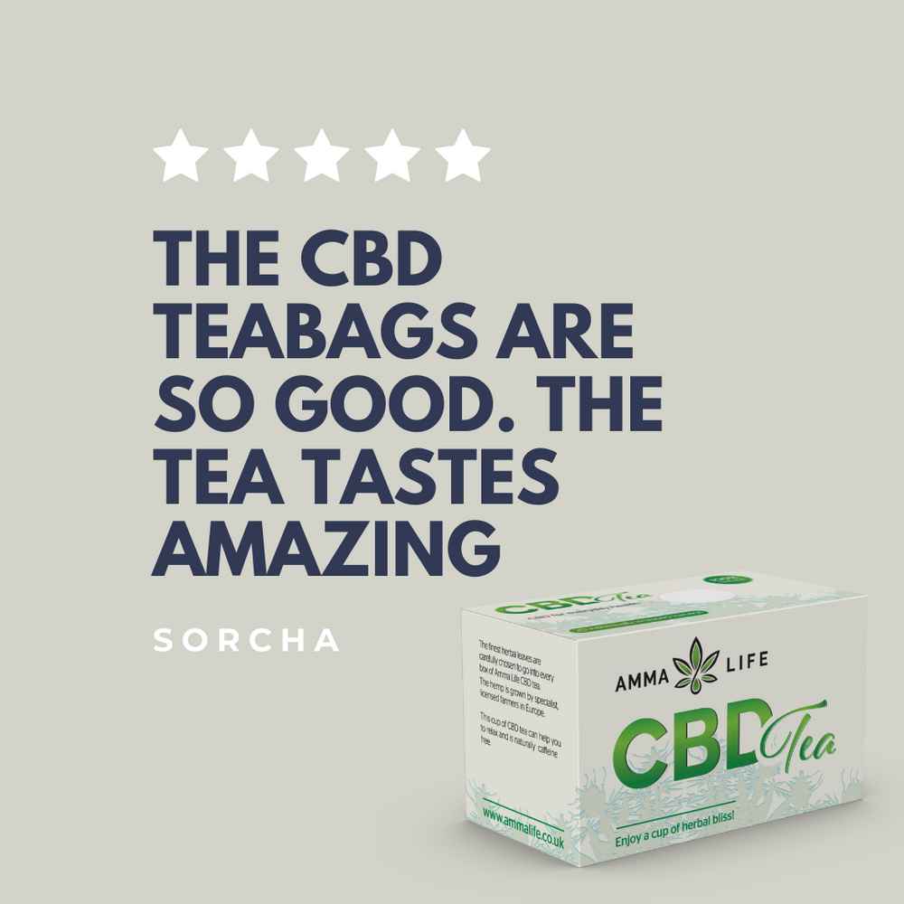 
                  
                    Amma Life customer review for herbal CBD teas, showcasing testimonials stating 'The CBD teabags are so good. The tea tastes amazing.'
                  
                