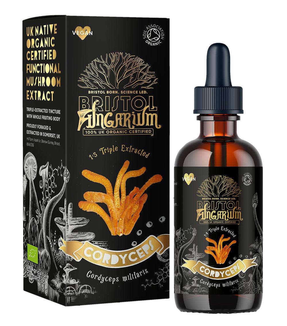 Bristol Fungarium organic Cordyceps with its outer black box, sold by its partner Amma Life. Triple extracted, organic certified functional mushroom extract known for its many health benefits.