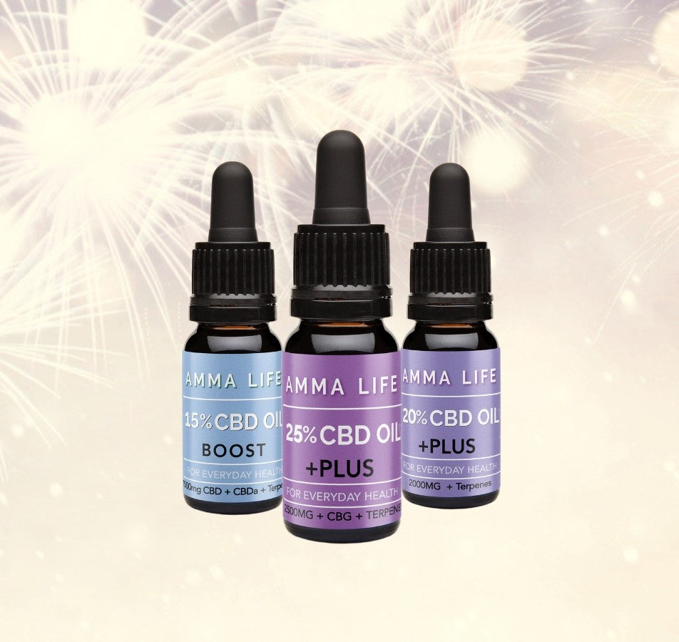 Three Amma Life CBD Oil bottles with a fireworks background to celebrate the new year - 2026.
