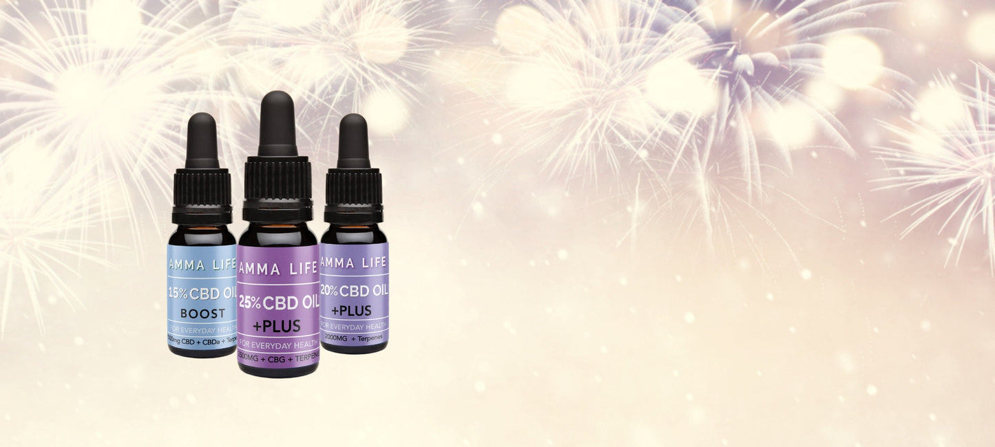 Three CBD oil dropper bottles with a festive background featuring fireworks to celebrate the New Year!