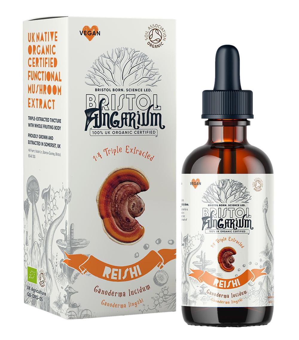 Bristol Fungarium organic Reishi with its outer white box, sold by its partner Amma Life. Triple extracted, organic certified functional mushroom extract known for its many health benefits. White background photo.