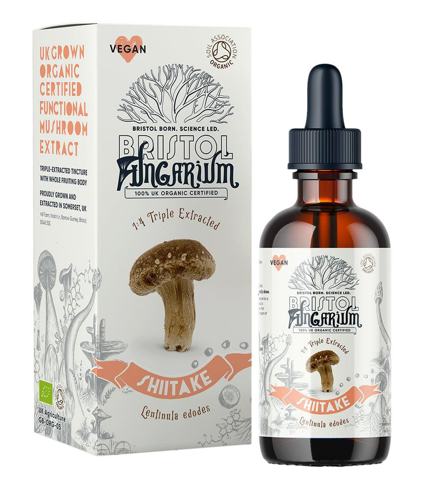 
                  
                    Bristol Fungarium organic Shiitake with its outer white box, sold by its partner Amma Life. Triple extracted, organic certified functional mushroom extract known for its many health benefits.
                  
                