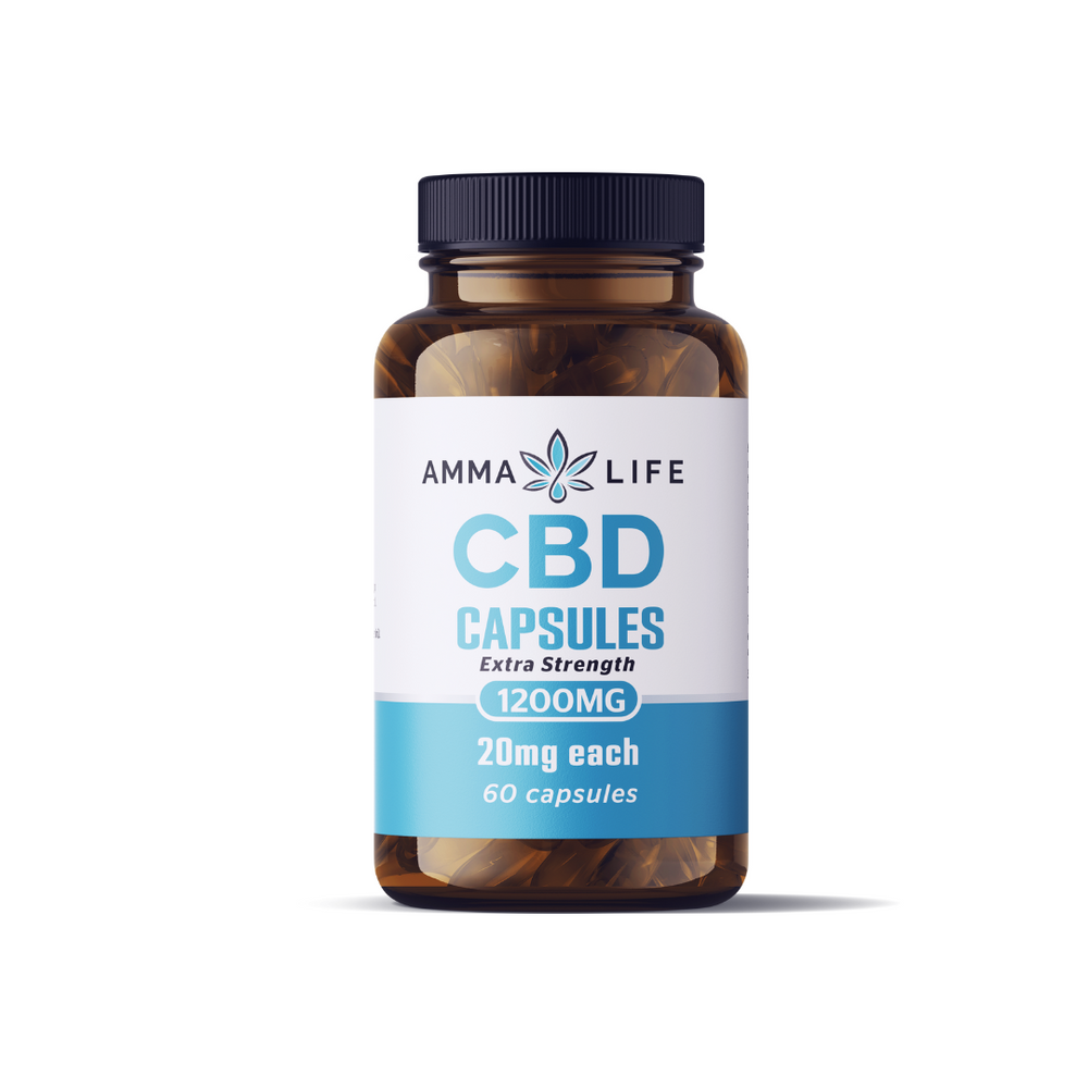 Amma Life resized image of CBD capsules, showcasing quality packaging and support for daily wellness.