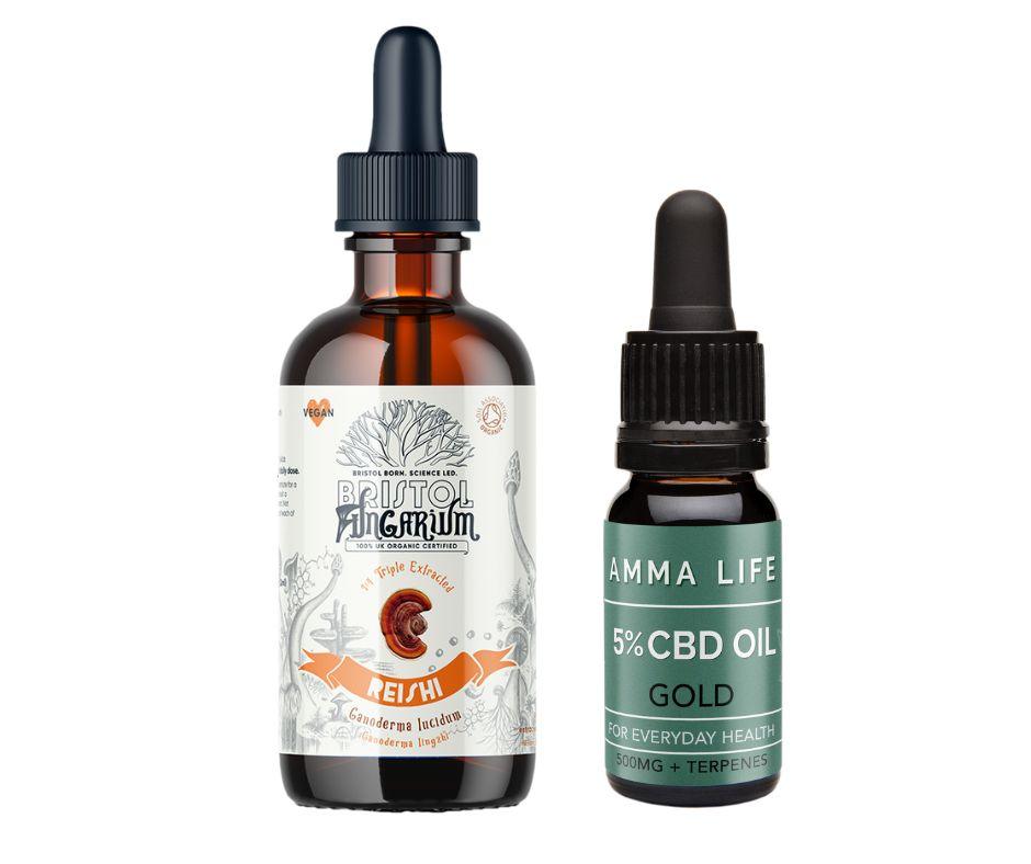 Bristol Fungarium partner with Amma Life CBD (Bristol) to offer this cost-saving bundle of Organic Reishi Mushroom tincture and 5% CBD Oil. Unboxed version