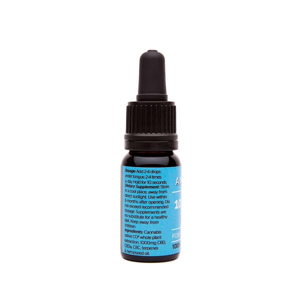 
                  
                    Amma Life 1000mg award-winning CBD Oil.  Side view of label. Designed to support your wellness when taken regularly.
                  
                