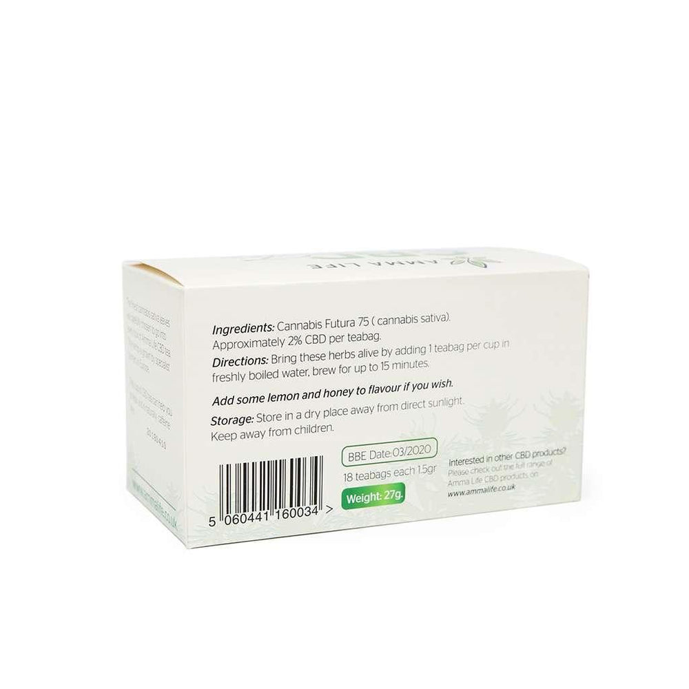 
                  
                    Amma Life CBD Teas - Back of box with Ingredients, Directions of use and Storage instructions.
                  
                